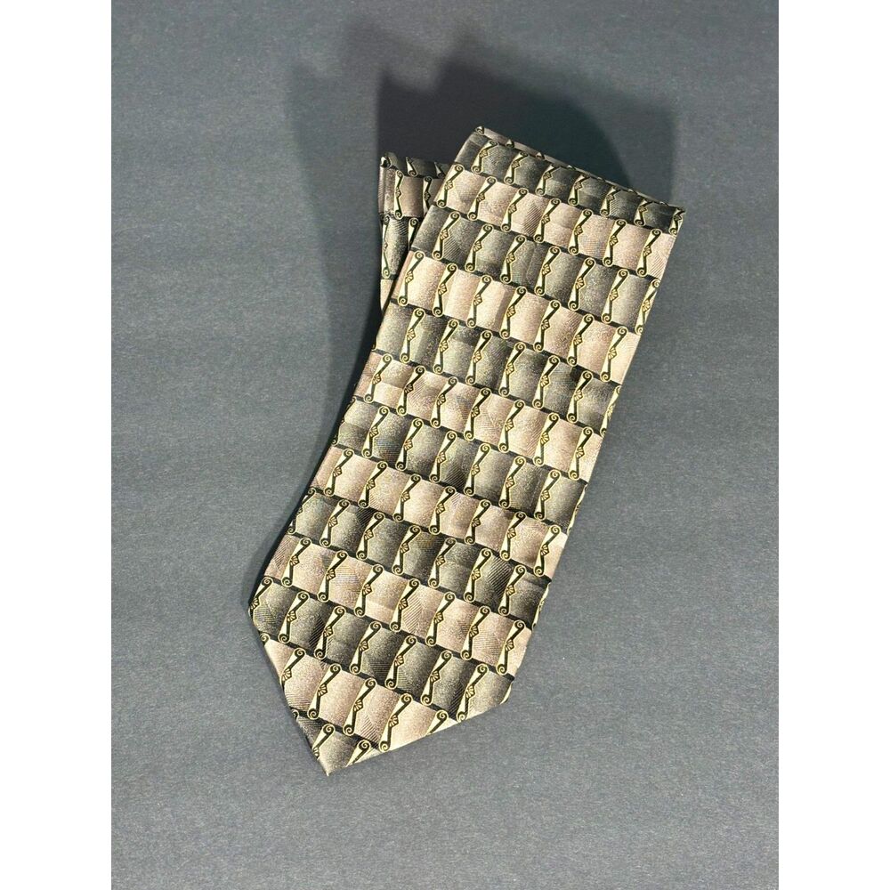 Bergamo New York Pure Silk Tie X‑Long Geometric Scroll Pattern Brown Gold